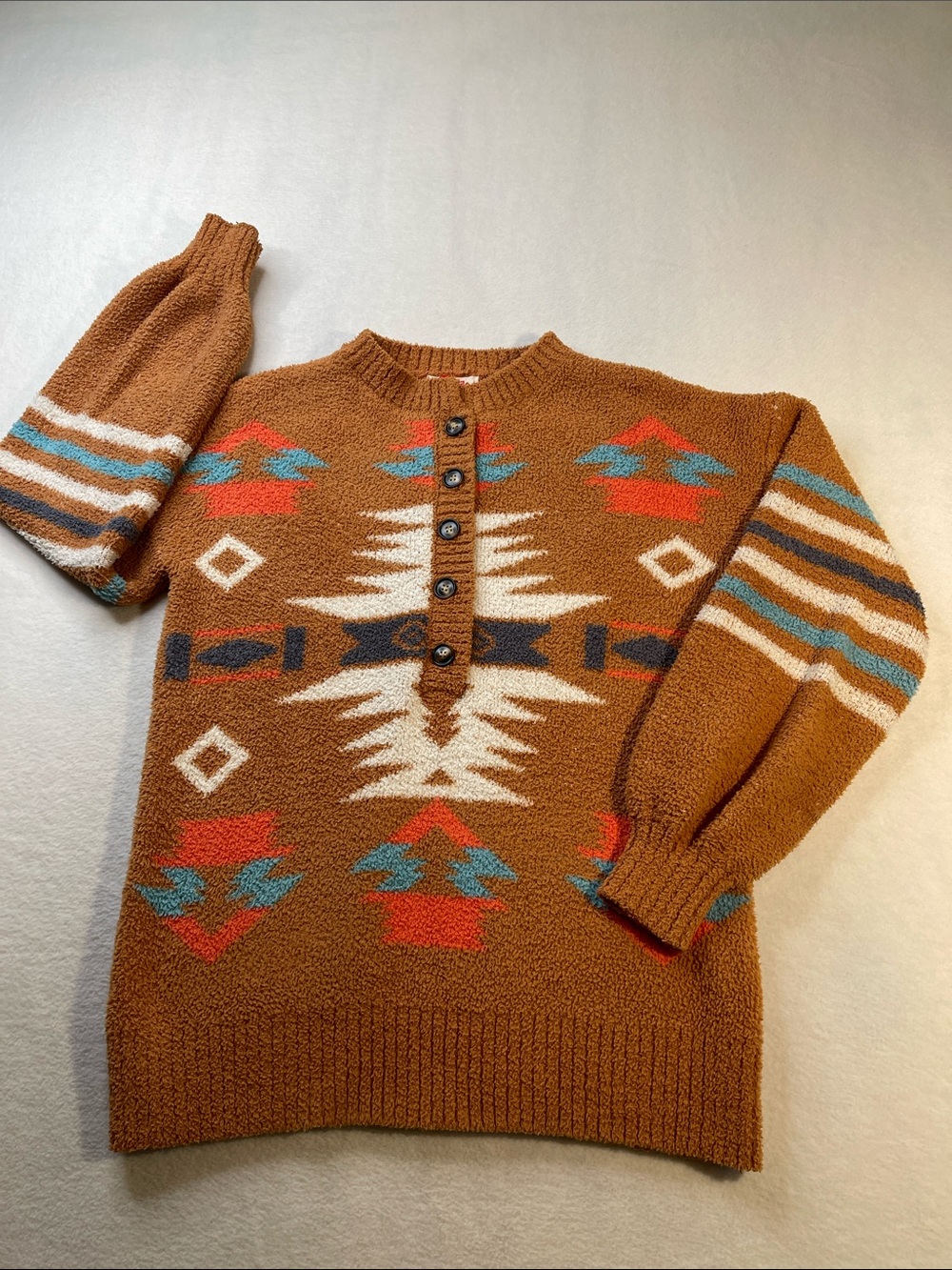 Mazik Rust Aztec Pattern Crewneck Henley Sweater WOMENS SIZE S 1/2 BUTTON